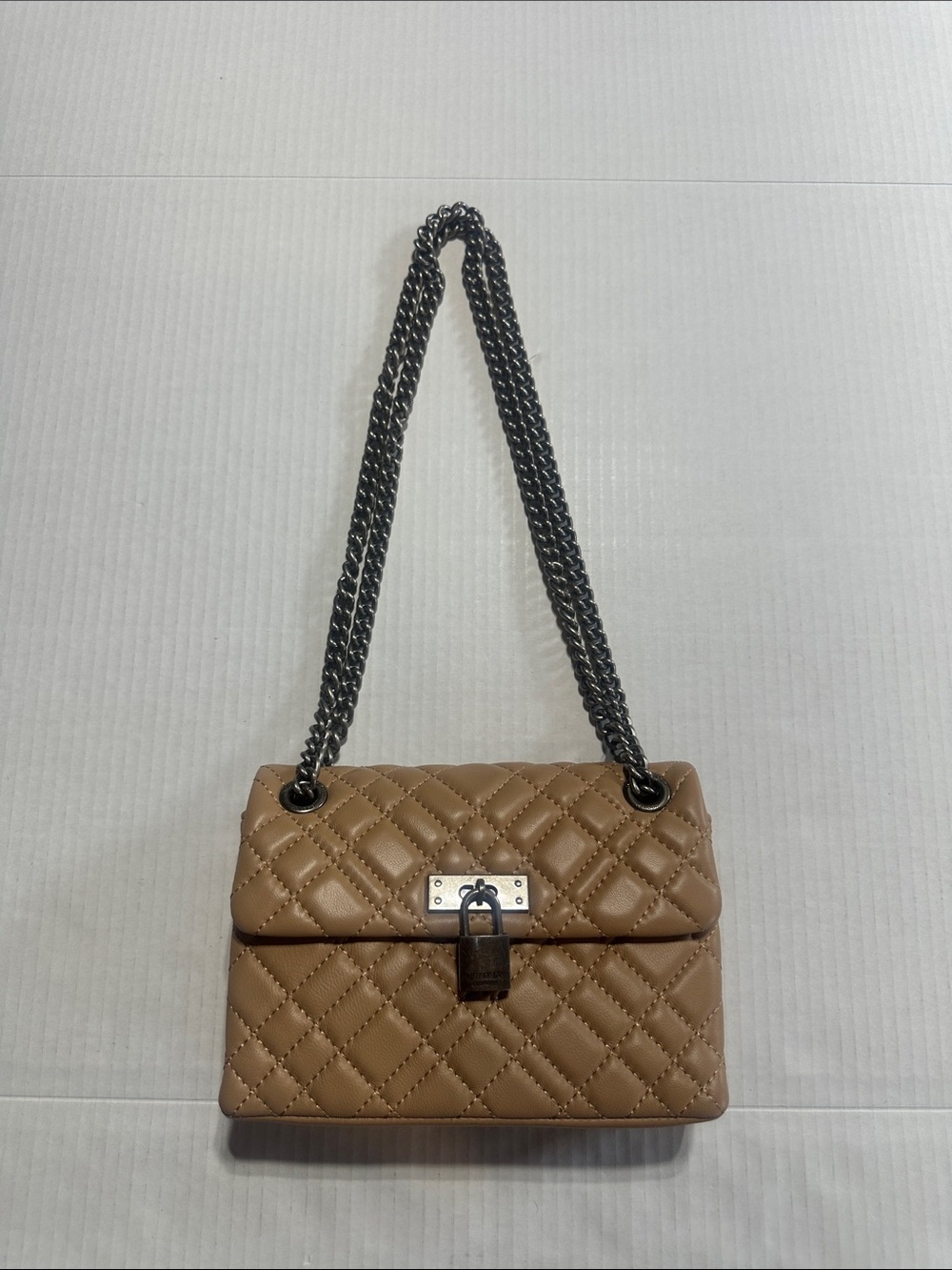 Kurt Geiger London mini Brixton Quilted Chain Strap Shoulder Bag in Taupe padloc